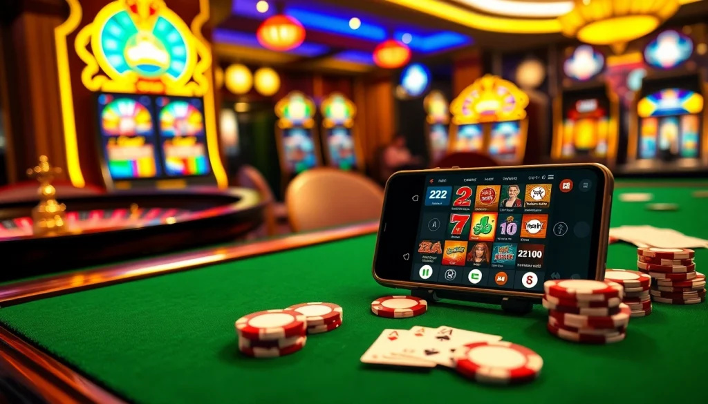 Engaging casino scene highlighting the 22JL app with poker chips, cards, and vibrant slot machines.