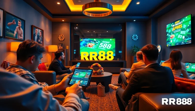 Dynamic scene of users engaging with the RR88 app in a modern gaming setup.