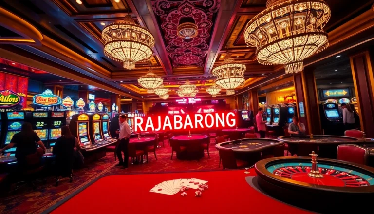 Engaging gameplay at RAJABARONG casino featuring vibrant slot machines and poker tables.