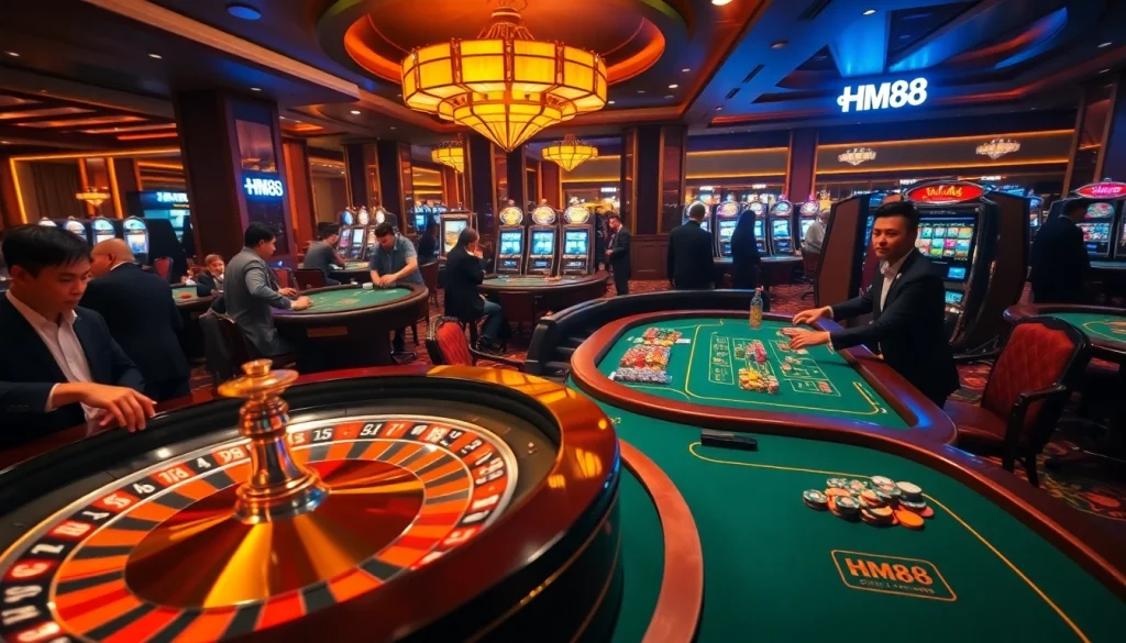Exciting gambling scene at HM88 casino with roulette, poker, and slots.