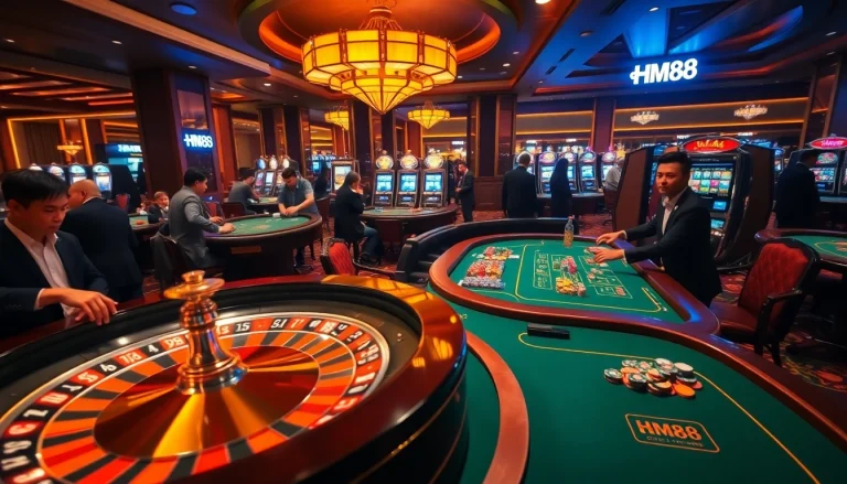 Exciting gambling scene at HM88 casino with roulette, poker, and slots.