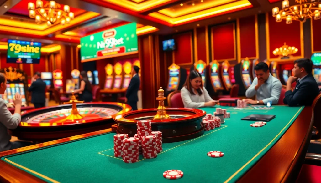 i9bet players enjoying a thrilling online casino experience with poker chips and a roulette wheel.