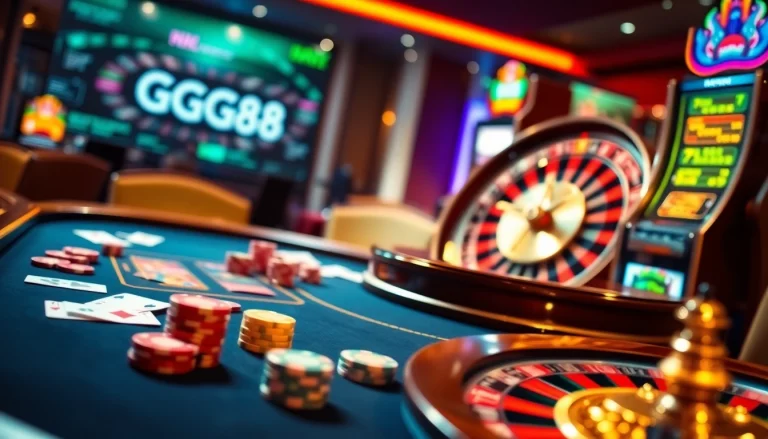 Exciting online gambling scene featuring GG88 poker chips, roulette, and slot machines.