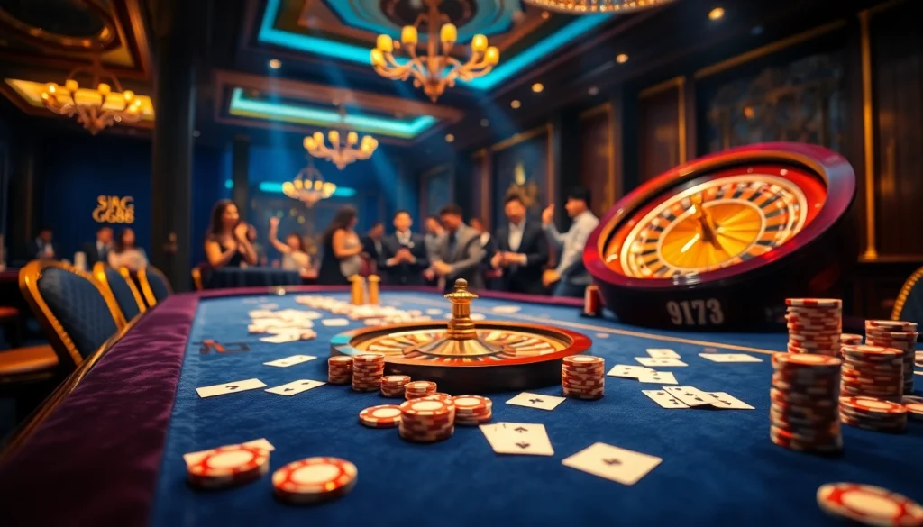 GG88 players enjoying a high-stakes game at a luxurious casino table with vibrant colors and excitement.