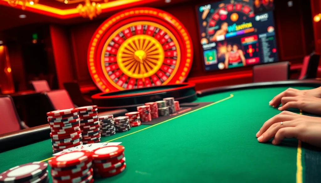 Exciting casino scene depicting online gambling elements at jboqz.com featuring poker chips and roulette wheel.