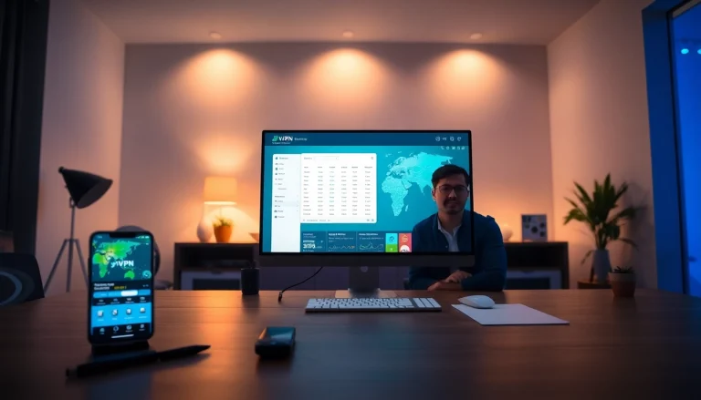 快连VPN interface on a workspace computer, showcasing global connectivity and user-friendly design.