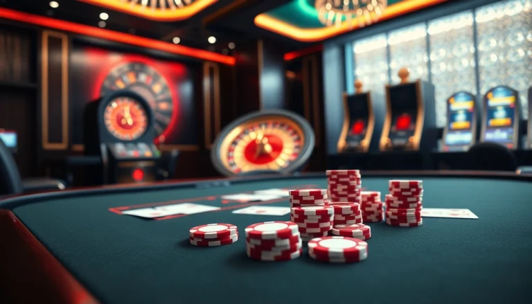 Poker showdown at https://f8bet11.net/ showcasing vibrant chips and cards in a luxurious casino setting.