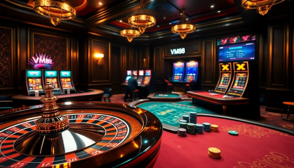 Experience thrilling gameplay at VM88, featuring a vibrant casino atmosphere with roulette and blackjack tables.