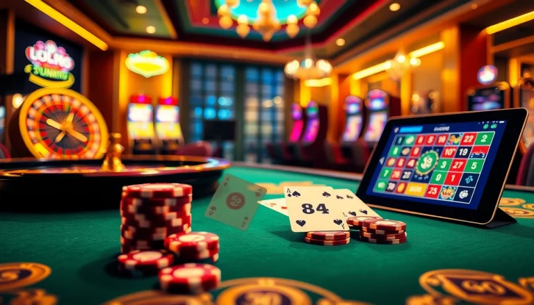 Experience thrilling gaming action at u888 with a luxurious casino atmosphere, featuring vibrant poker chips and cards.