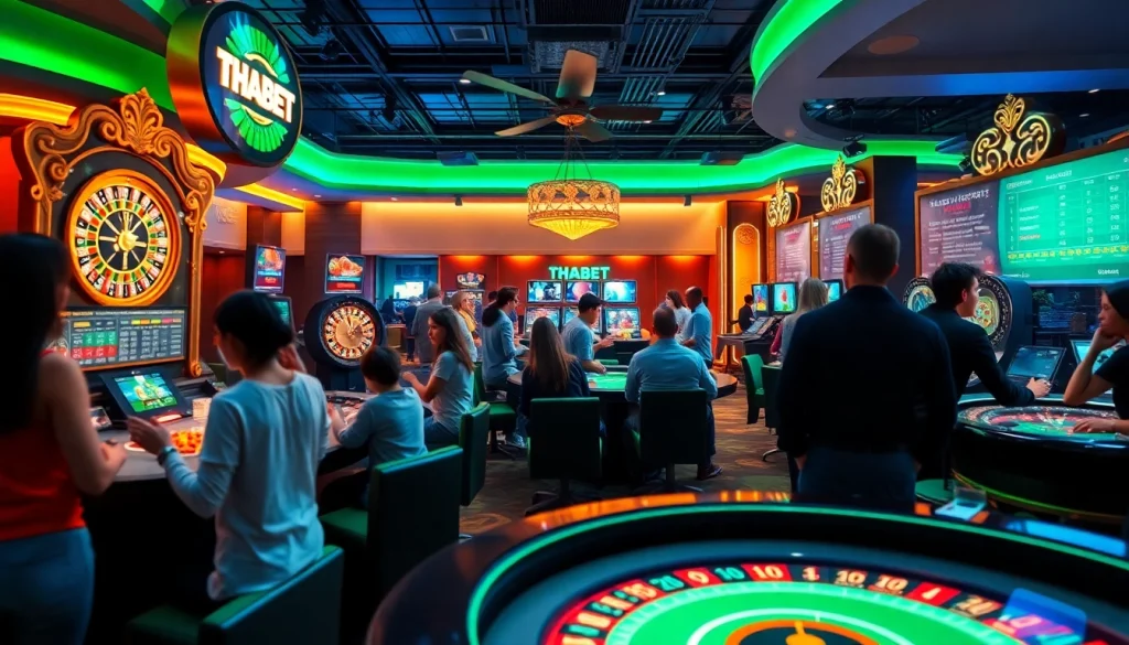 THABET casino scene showcasing players engaged in dynamic gaming, capturing the excitement of online betting.
