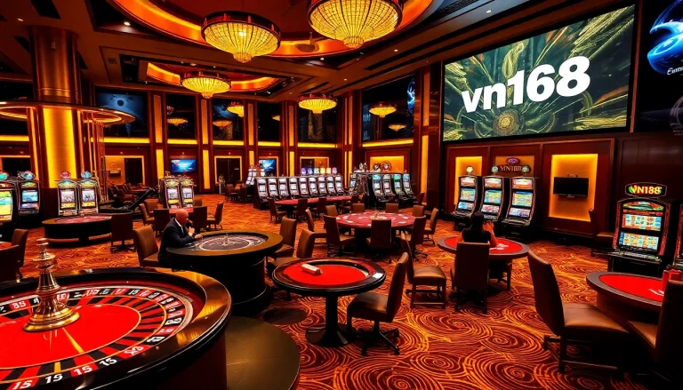 Gambling excitement at vn168 with roulette, poker tables, and illuminated slot machines.