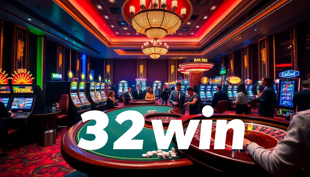 32win casino gaming scene with poker tables and vibrant slot machines in action.