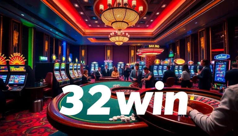 32win casino gaming scene with poker tables and vibrant slot machines in action.