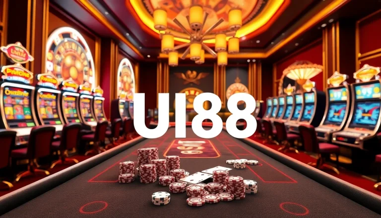 UU88 players enjoying the action at luxurious casino tables with vibrant slot machines.