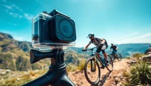 Action camera in action, capturing friends' exciting outdoor adventures with vibrant landscapes.