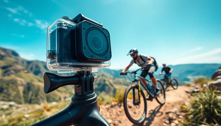 Action camera in action, capturing friends' exciting outdoor adventures with vibrant landscapes.