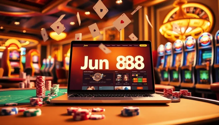 Experience thrilling bets at Jun 88 with a vibrant casino scene showcasing poker chips and roulette wheels.