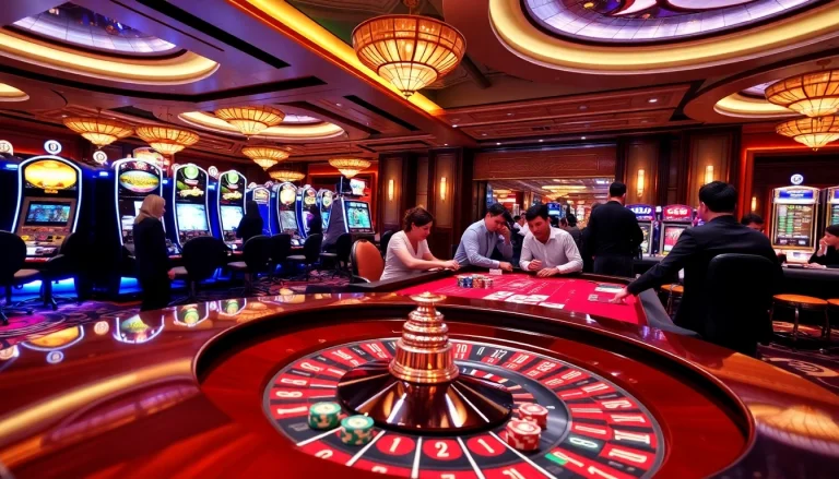 Experience thrilling gameplay with GG88 on a glamorous casino floor, featuring roulette and poker.