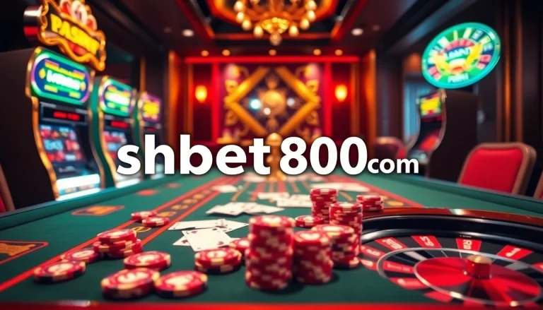 Experience the excitement of shbet800 com with a luxurious online casino scene featuring vibrant gaming tables and chips.