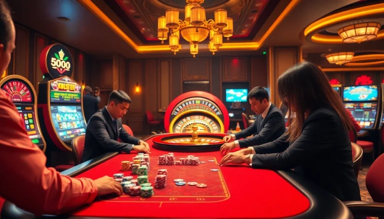 Players enjoy a thrilling game of poker at net88x.net casino, surrounded by vibrant slot machines.