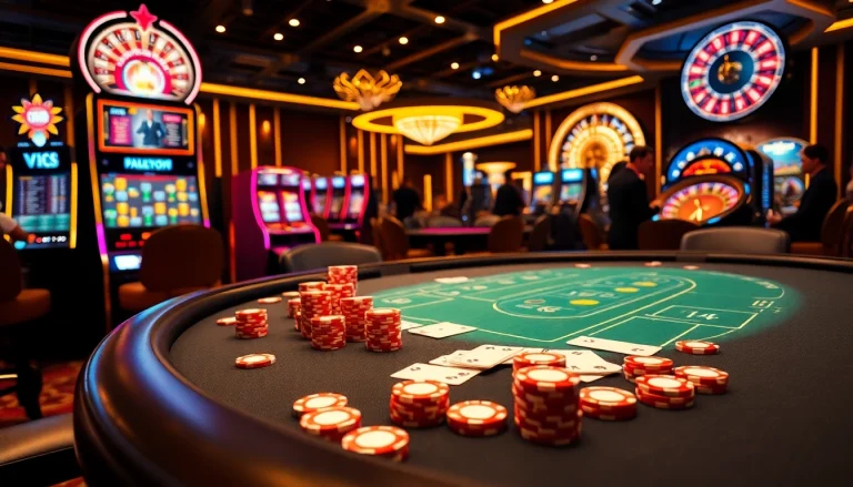 Exciting poker action at an i9bet casino table with vibrant chips, illuminated by soft lighting.
