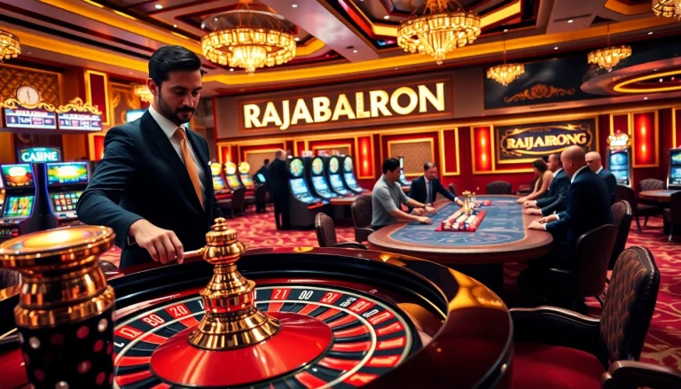 Players excitedly engage at a casino table featuring exclusive "RAJABARONG" gaming chips and cards.