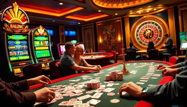 Players engaging at a luxurious casino table inspired by https://babu88.global/ with vibrant cards and chips.