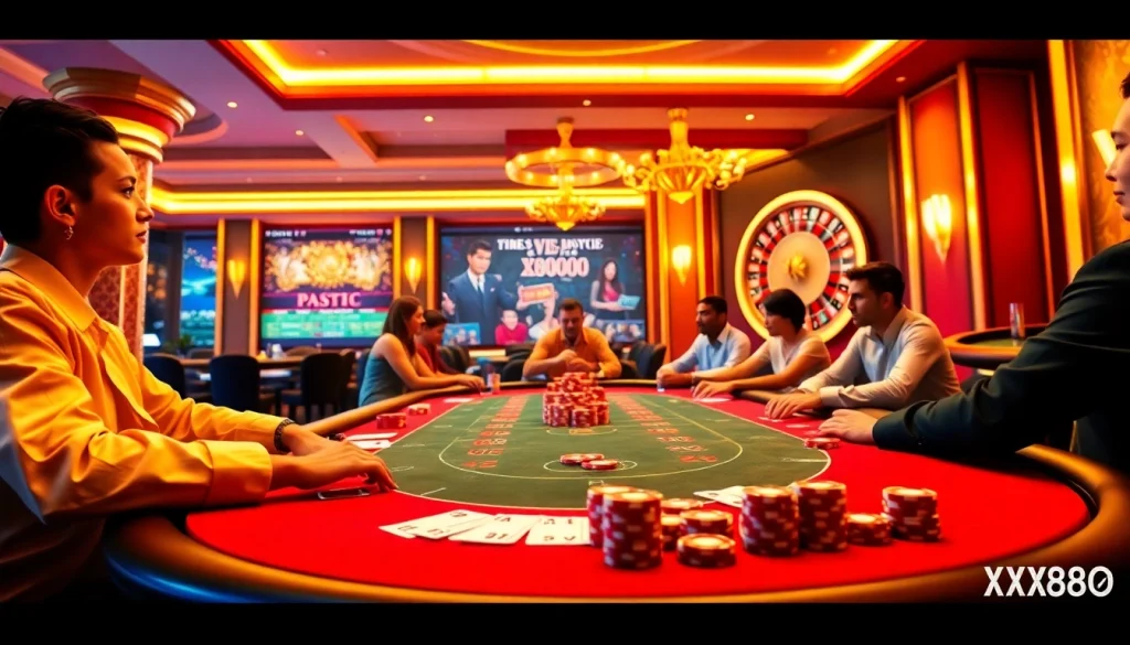 Players reveling in a thrilling poker game at XX88 casino, showcasing vibrant chips and cards.