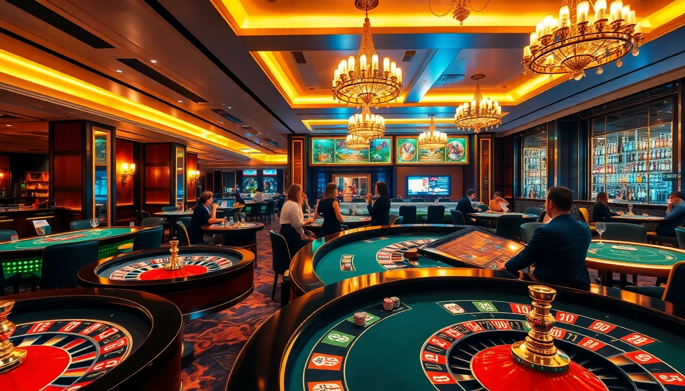 Experience gaming at SuperPH in a vibrant, luxurious casino setting with engaging players at roulette and blackjack tables.