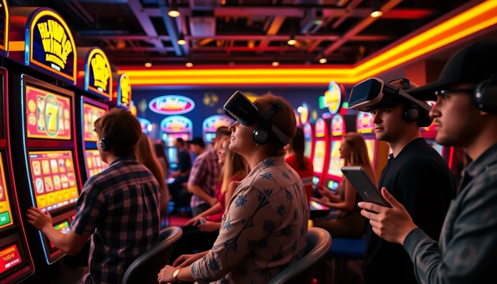 Kode4d online gaming experience with vibrant slot machines and enthusiastic players in a lively environment.