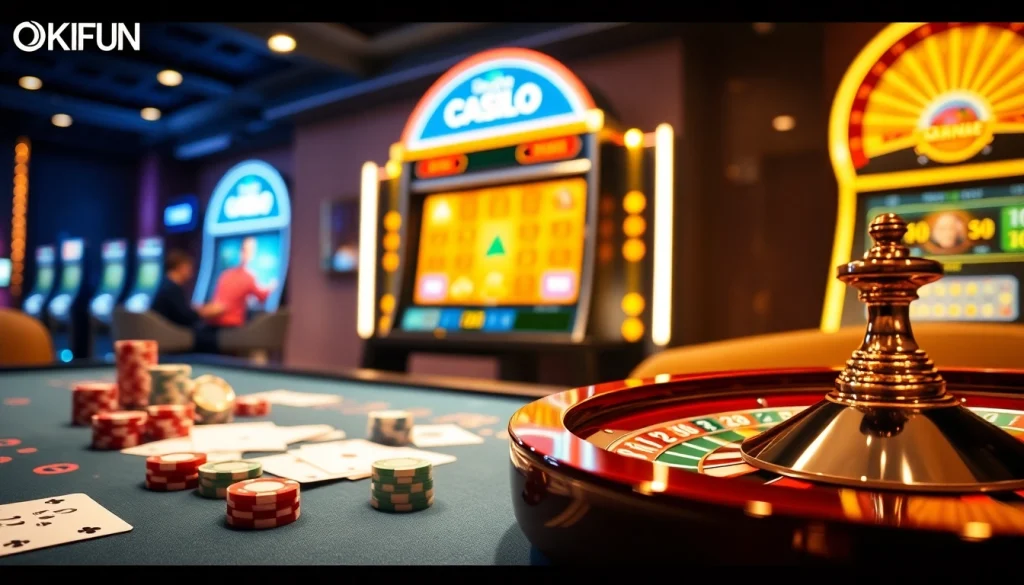 Experience the excitement of gambling on trang chủ OKFUN with engaging casino tables and vibrant slot machines.