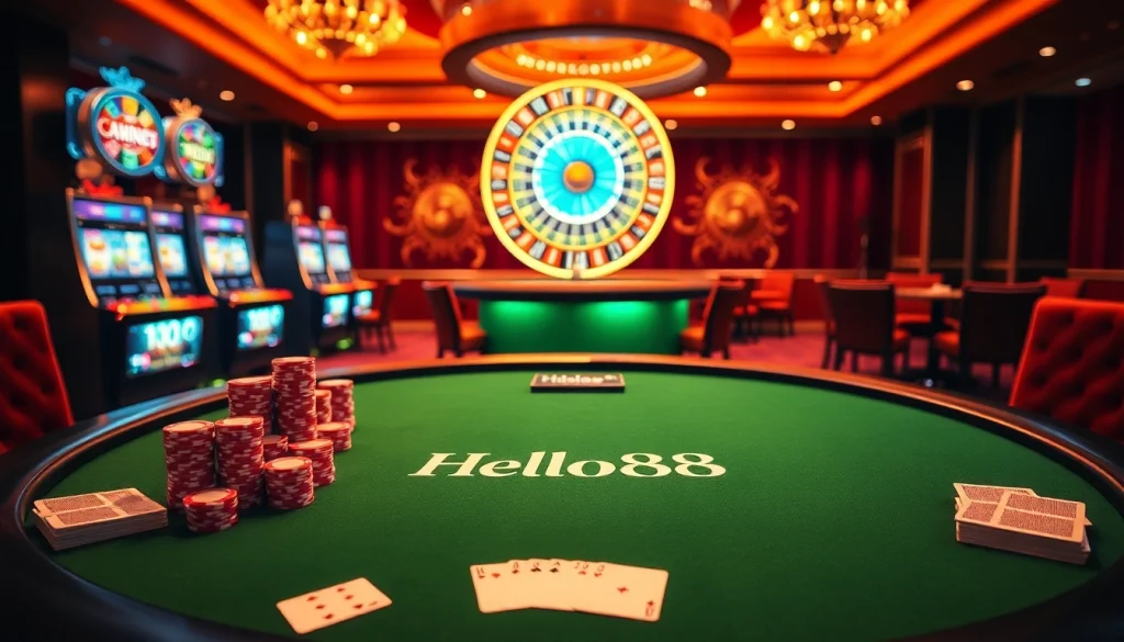 Hello88 casino table with colorful poker chips and playing cards offers an exciting gaming experience.