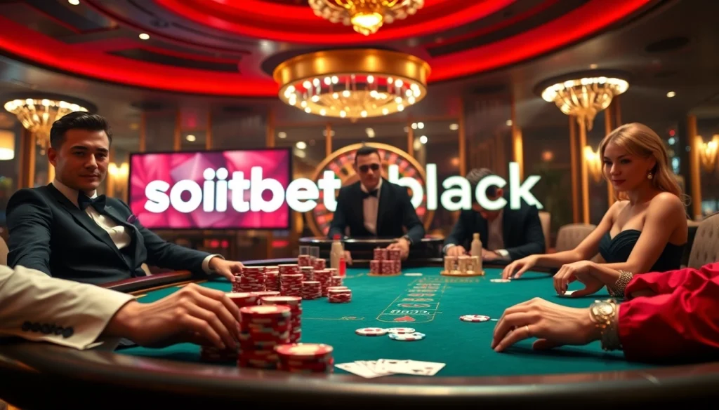 Players engaged in a poker game at a luxurious casino table, highlighting soibet black atmosphere of excitement and professionalism.
