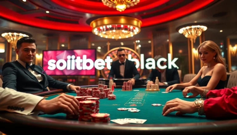 Players engaged in a poker game at a luxurious casino table, highlighting soibet black atmosphere of excitement and professionalism.