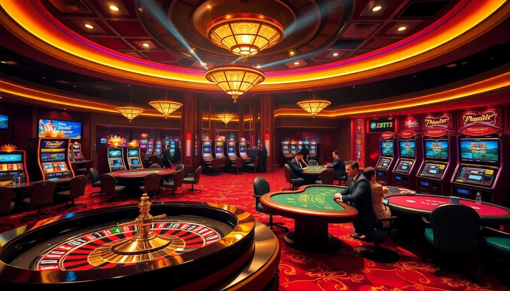 Engaging poker game at 5Z7779 com casino showcasing players and roulette wheel.