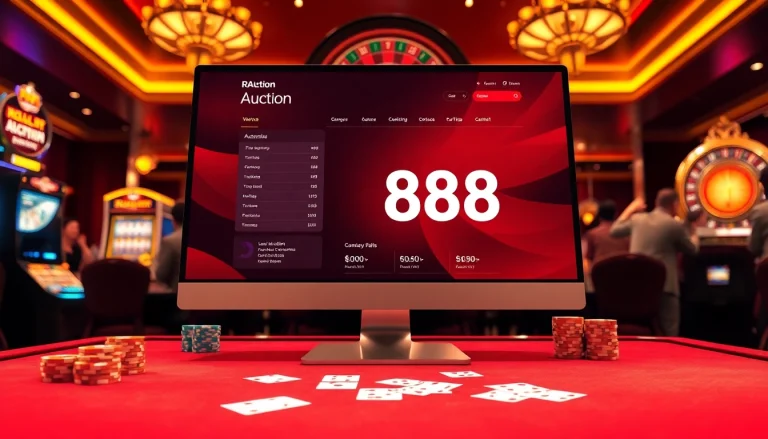 Engaging RR88 Auction interface in a lively casino environment featuring tables, vibrant colors, and players.