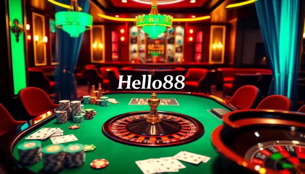 Experience thrilling gameplay at Hello88 with vibrant poker tables and roulette wheels.