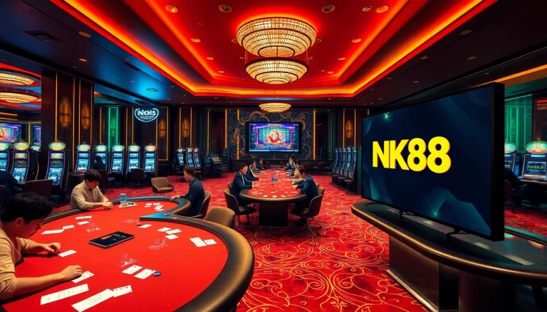Engaging scene of players enjoying games at NK88 casino, showcasing vibrant interiors and excitement.