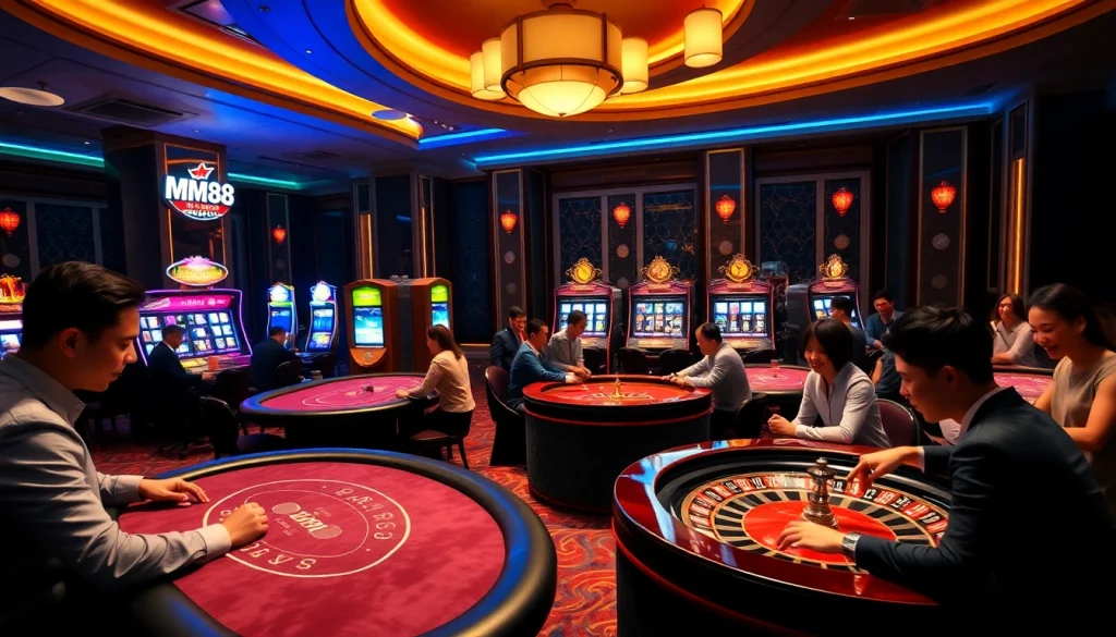 Experience MM88's thrilling casino ambiance with poker tables, vibrant slot machines, and roulette wheels.