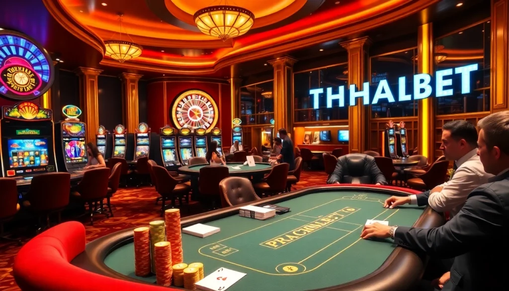 Players engaging in thrilling games at THABET casino, featuring vibrant slot machines and a roulette wheel.