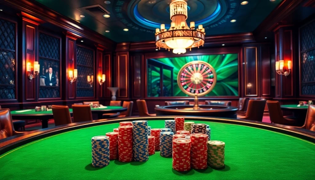 Casino vipwin showcasing an elegant poker setup with vibrant chips and a roulette wheel.
