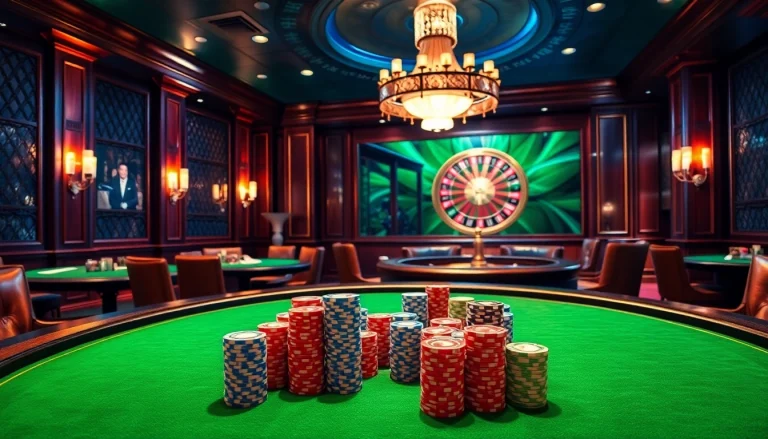 Casino vipwin showcasing an elegant poker setup with vibrant chips and a roulette wheel.