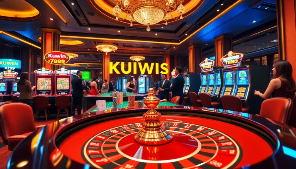 Experience the thrill of winning at Kuwin 789 with vibrant casino tables and excited players.