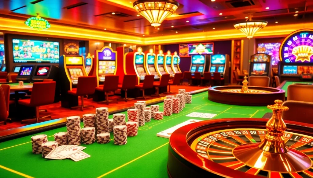 A captivating online casino scene showcasing thrilling games and vibrant atmosphere at sky88sk.com.