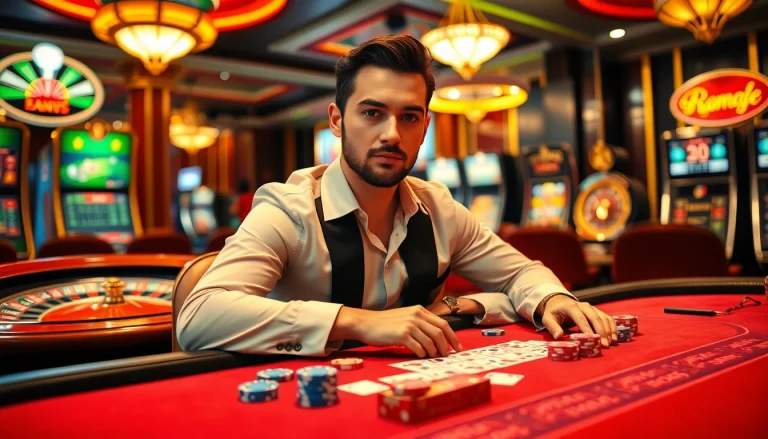 Engaged player enjoying a thrilling poker game at OK365 casino with chips and cards.