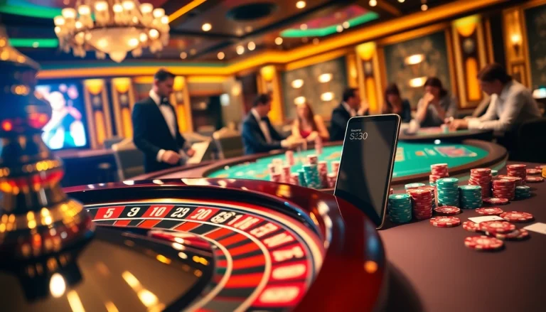 Gambling action at a casino table featuring s8, poker chips, and a roulette wheel, highlighting excitement.
