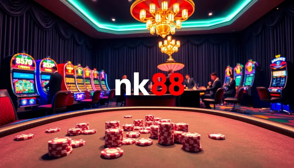 Experience the excitement of casino gaming with nk88 poker chips and roulette wheels in a luxurious setting.