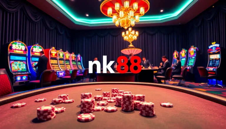 Experience the excitement of casino gaming with nk88 poker chips and roulette wheels in a luxurious setting.