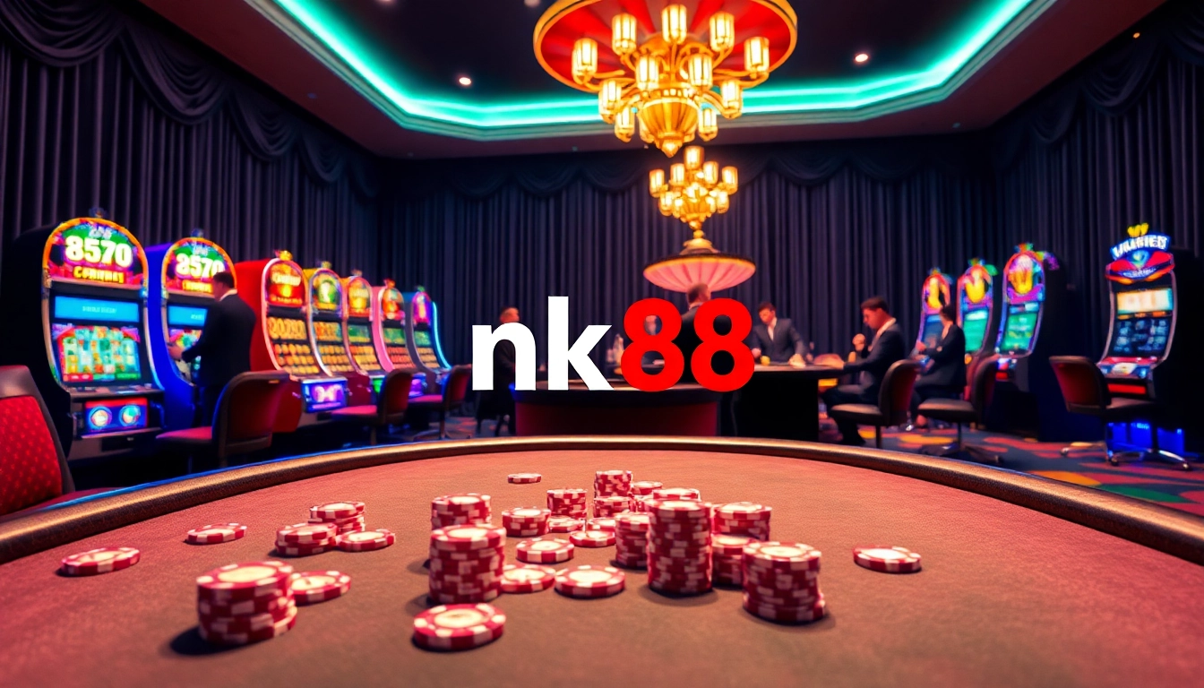 Experience the excitement of casino gaming with nk88 poker chips and roulette wheels in a luxurious setting.