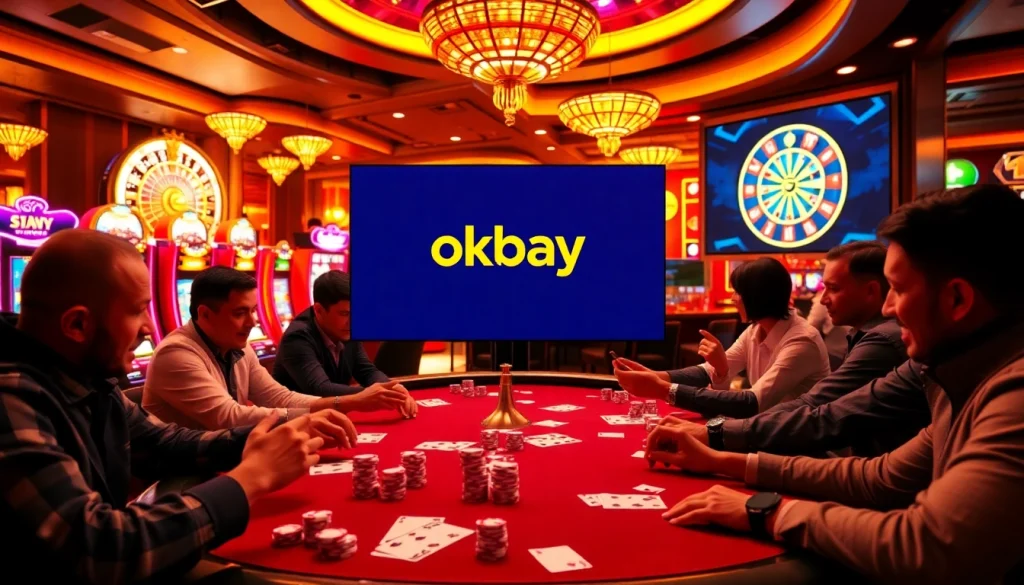 Players strategizing at a poker table in a casino showcasing the okbay app for enhanced gameplay.